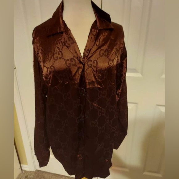 GG Fashion Button Down Deep Brown Satin Blouse - Picture 1 of 2